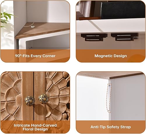 Miniatura 3 de Armario esquinero bohemio, organizador estrecho con puertas florales talladas, armario de almacenamiento con estante ajustable y almacenamiento