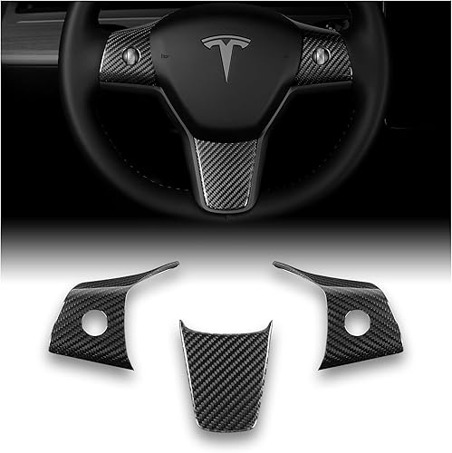 Miniatura 1 de Tesla - Funda de fibra de carbono real para volante, 3 piezas para modelos 2017-2023 3 y Y, 3K Toray Dry fibra de carbono, accesorios interiores