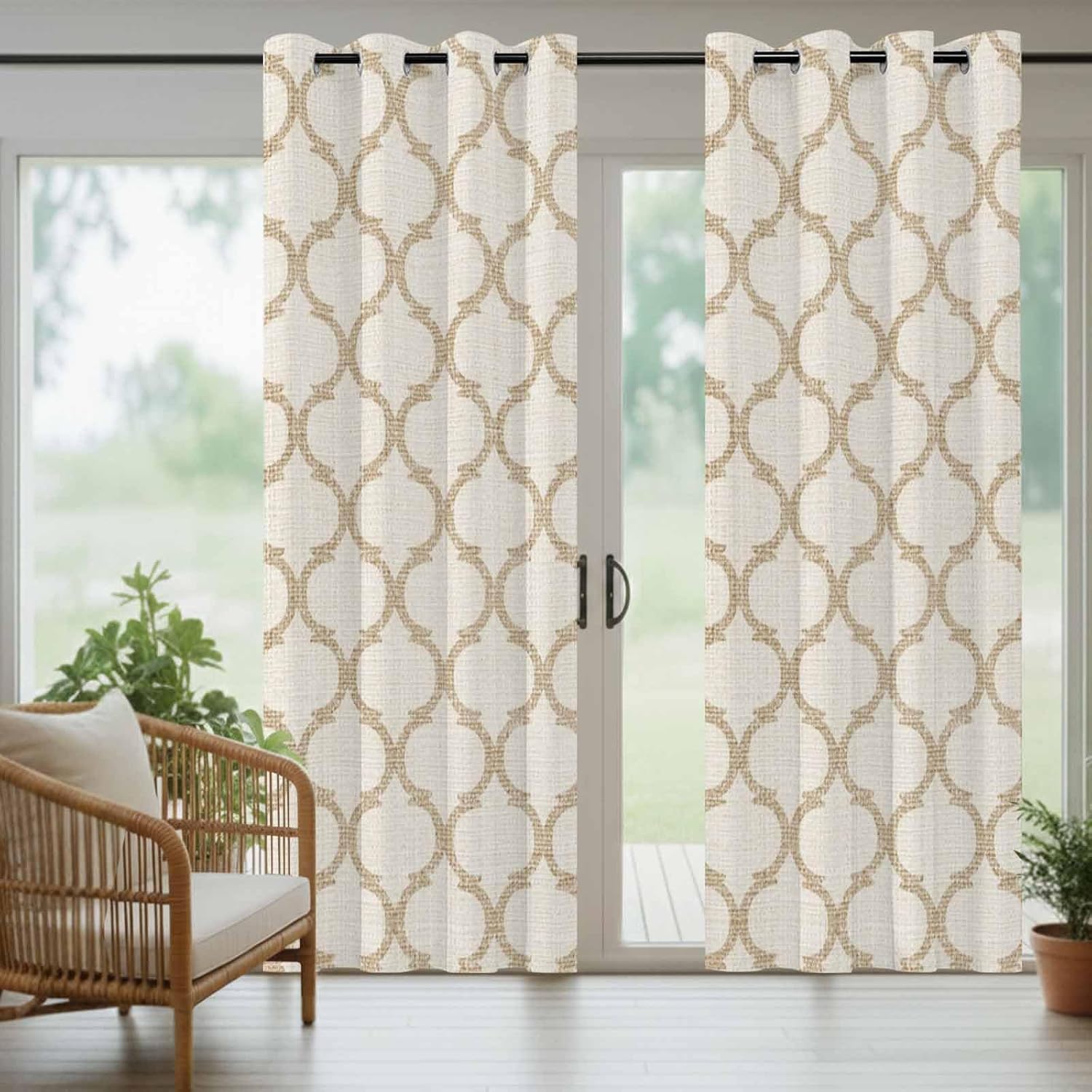 Outdoor Curtains for Patio, Beige Moroccan Waterproof Blackout Outside Curtain for Porch/Pergola, Morocco Geometric Quatrefoil Lattice Thermal Insulated Drapes for Cabana, 2 Panels, 54 x 95 Inch