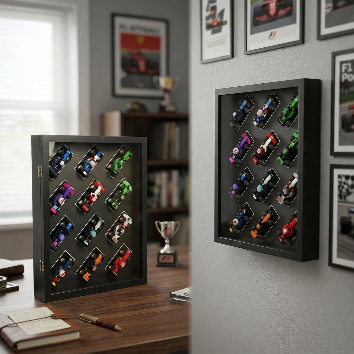 Display Wallboard Compatible with LEGO F1 Collectible Race Cars, Wooden Wall-Mounted & Freestanding Showcase with Acrylic Dust Door, Shadow Box Display Case with 1x2 Brick Studs (11" x 2.3" x 14")