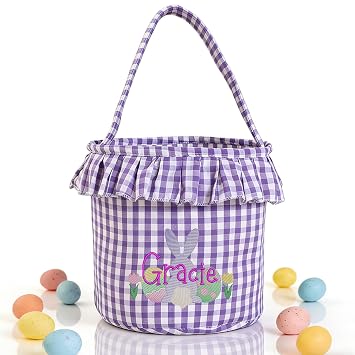 Personalized Easter Basket, Boys Girls Easter Baskets, Easter Baskets Gifts for Kids, Easter Basket Bags, Easter Eggs Hunt Basket,Embroidered Monogram BunnyPurple-Tulip
