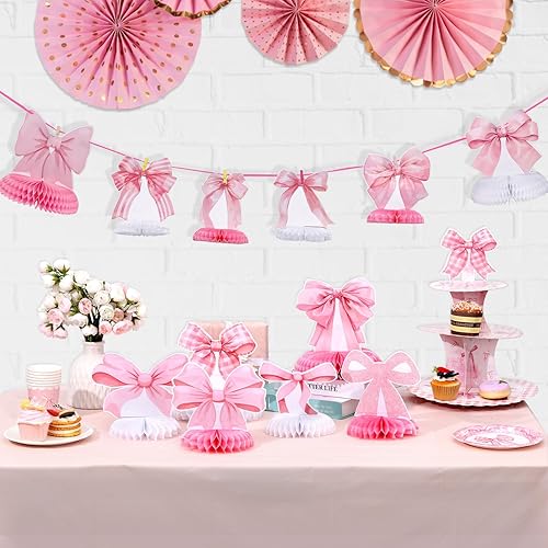 Miniatura 2 de 12 centros de mesa de nido de abeja con lazo rosa, decoración de cumpleaños con temática de coqueta, decoraciones de fiesta de lazo para cumpleaños,