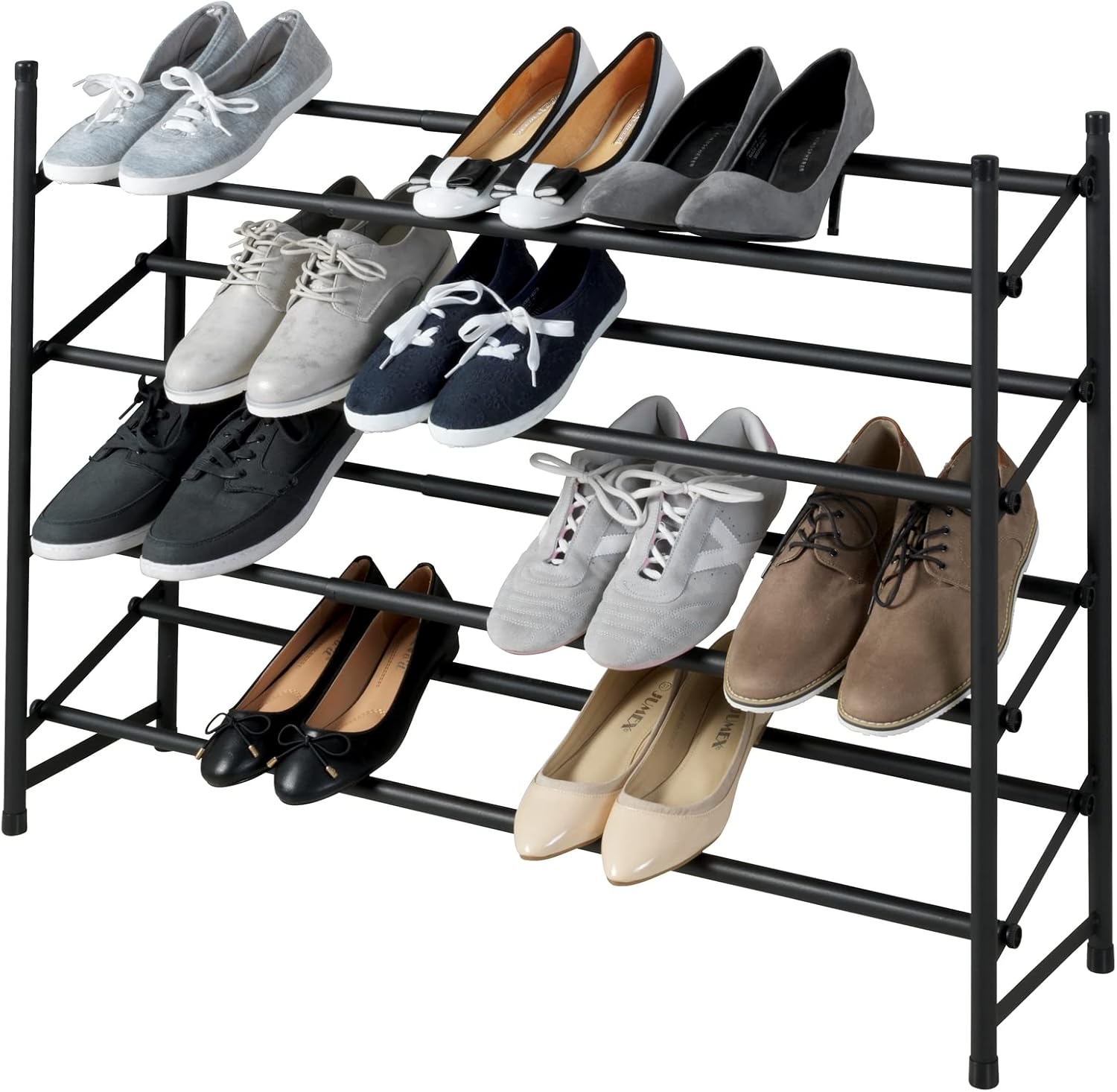 WENKO Anti-Slip Shoe Rack Hero Extendable Shoe Storage for 24 Pairs of Shoes, Stackable, 62-115 x 68 x 23 cm, Powder Coated Metal, Non-Slip Surface, Matte Black