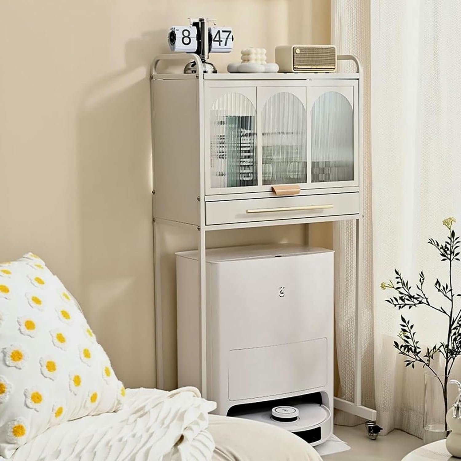 Storage Rack Above The Sweeping Robot,Storage Cabinet with Doors and Drawers for Robot Vacuum Cleaner,Coffee Bar Cabinet,Accent Side Tables,Mobile Storage Cabinet