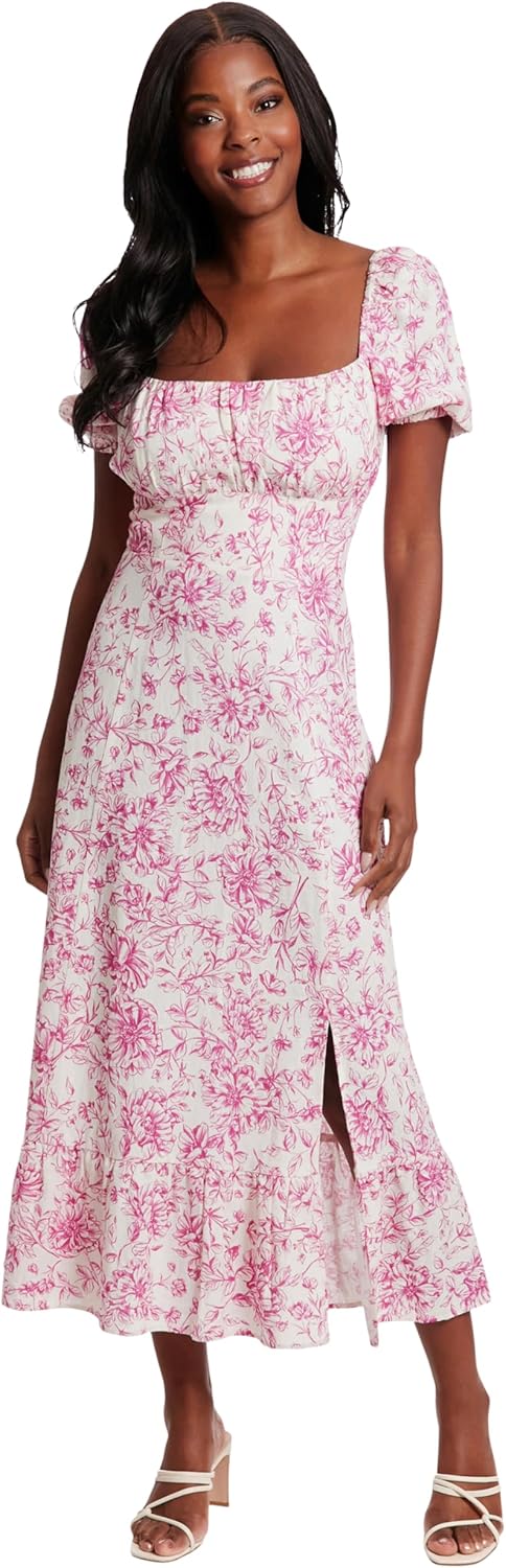 London Times Womens Square Neck Smocked Back Linen Blend Flattering Versatile Spring Summer Garden Party