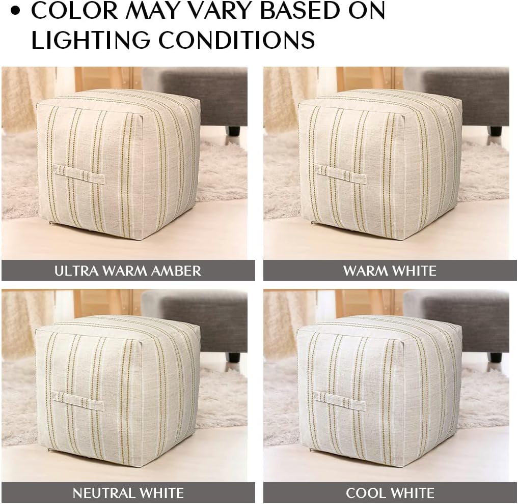 AELS Unstuffed Farmhouse Pouf Cover for Living Room, Boho Storage Bean Bag Cubes, Beige with Brown Stitch Yarn Dyed Stripe Square Ottoman Pouf Foot Rest Footstool, 18"x18"x18", Cover ONLY