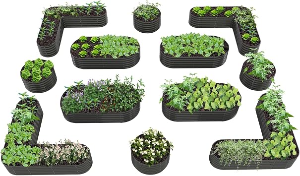 A ANLEOLIFE 12-Pack Galvanized Raised Garden Beds Outdoor, 18" Deep Modular Metal Planter Box Kit, Whole Backyard Farm Garden System with Oval Heart & Round Beds for Vegetable & Flowers, Quartz Grey