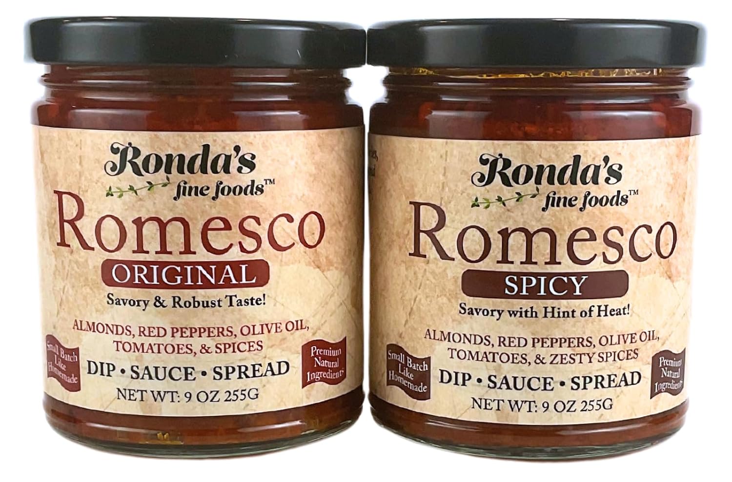 Original & Spicy Romesco Dip, Spread, Topping & Sauce – 2CT 9.0oz Variety Pack - Thick, Small-Batch with Almonds, Pure Olive Oil, Red Peppers, & Tomato – Keto, Vegan, Gluten-Free Red Sauce for Fish, Meat, Veggies, & Chicken by Ronda’s Fine Foods