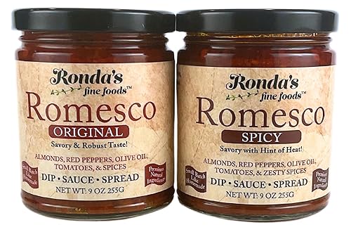 Salsa Romesco original y picante para untar, cobertura y salsa  Paquete variado de 2 unidades de 9.0 onzas  Grueso, lote pequeño con almendras,