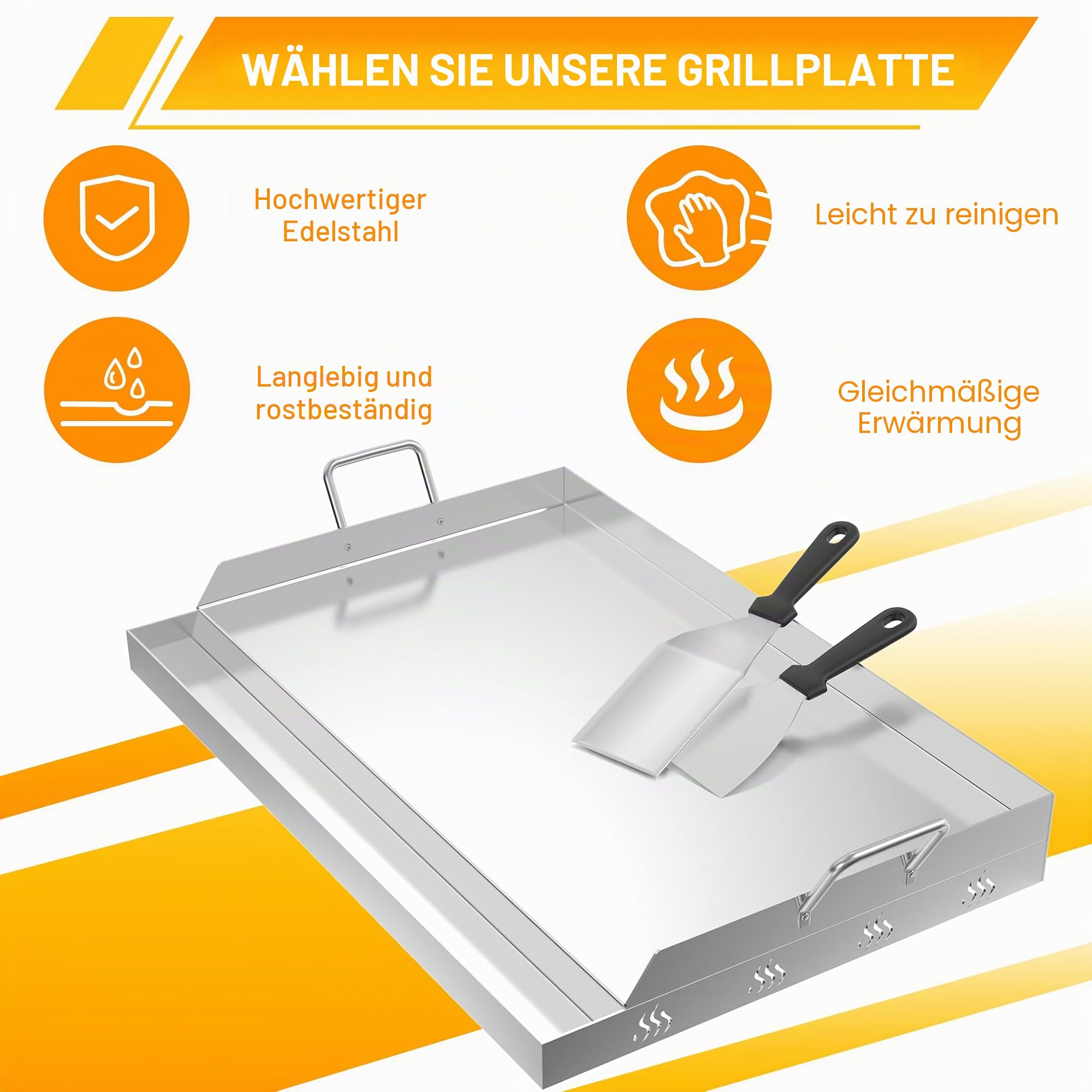 FIVMEN Plancha Grillplatte Edelstahl 54x32 cm Universal Grillpfanne Grill Platte mit 2 Grillspachtel Grillschale Grillplatten Edelstahlplatte Grill für BBQ Gasgrill Holzkohlegrill, mit 2 Griff