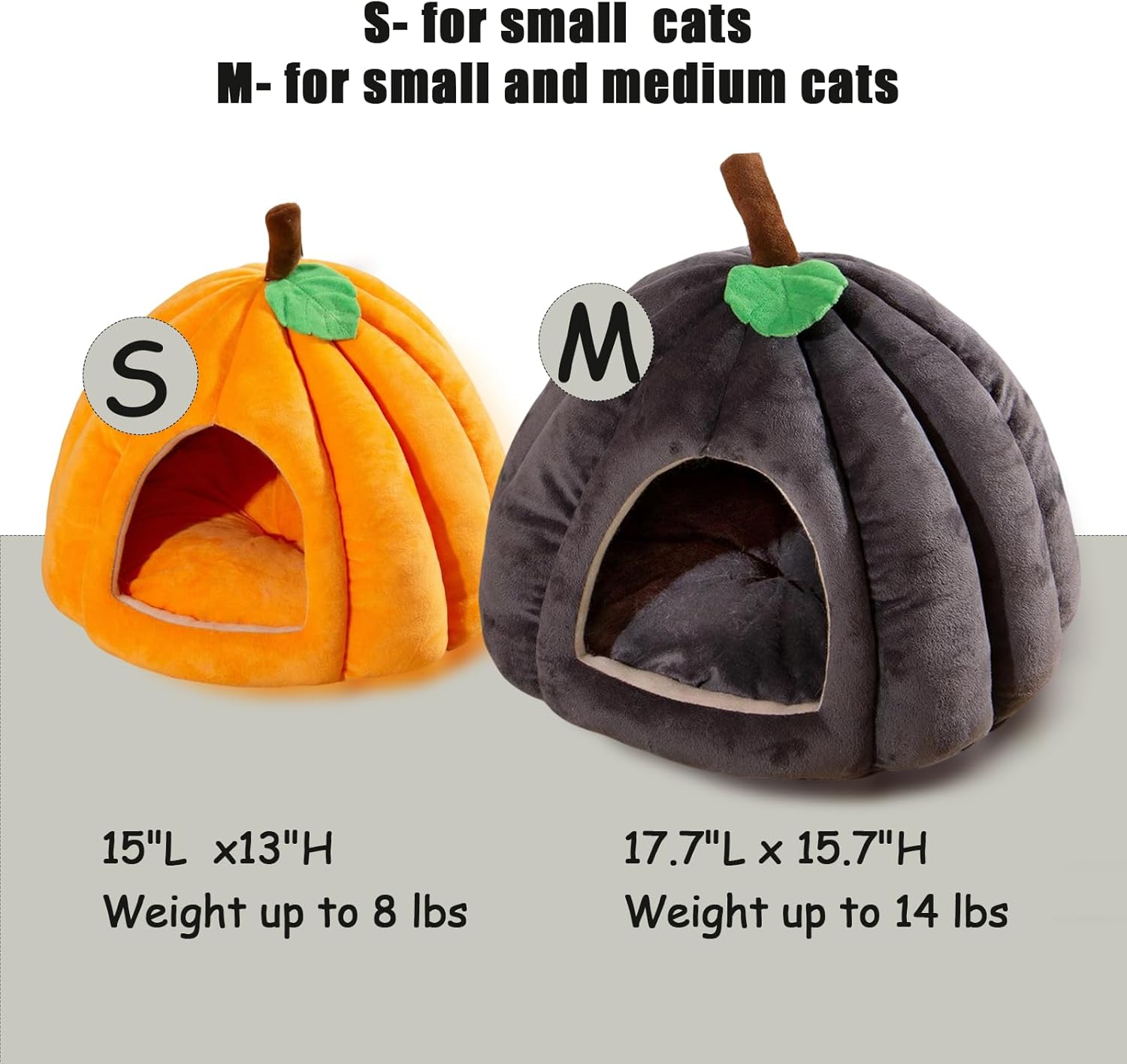 Cat Bed for Indoor Cats - Adorable Cozy Pumpkin Cat Cave with Removable Cushion, Super Soft Pet House Tent for Kittens & Small Pets, Warm & Washable Non-Slip Design(S 15 inch Grey)