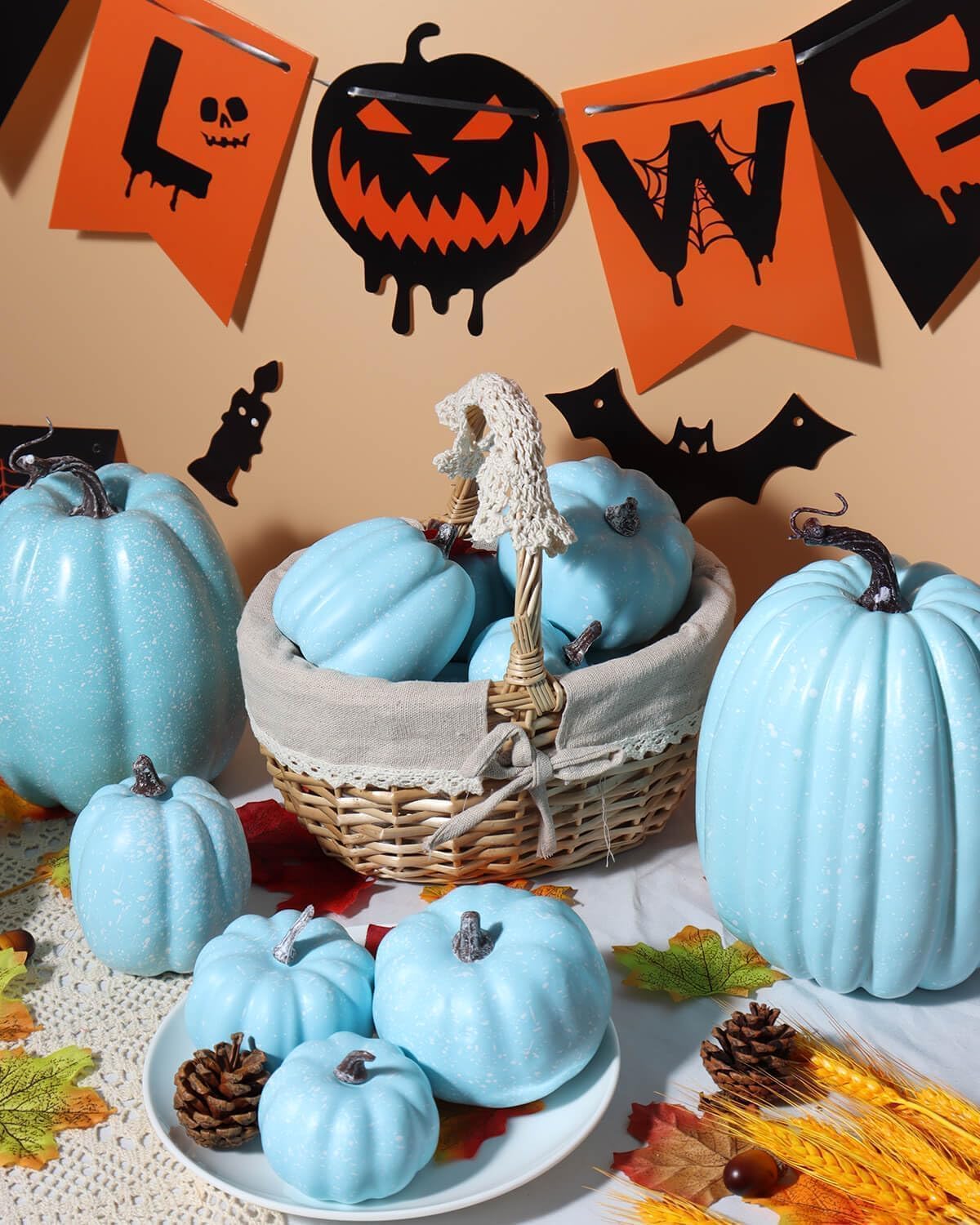 vensovo 12 Pcs Assorted Blue Plastic Pumpkins for Decorating, 7 Pcs Small and Large White Pumpkins for Fall Décor, DIY Craft Lifelike Artificial Assorted Foam Pumpkin for Halloween