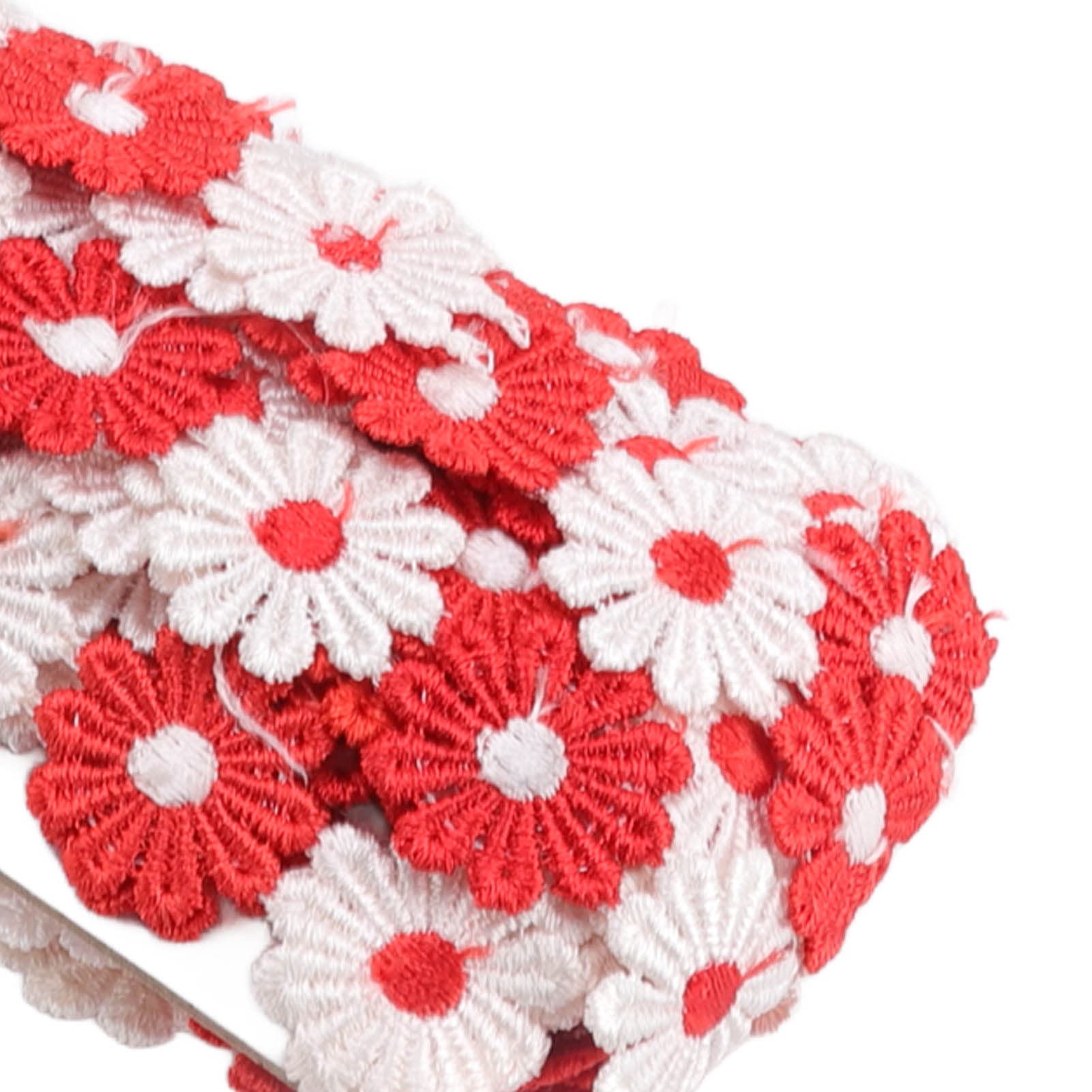 Adorno de encaje con flores de margarita, 15 yardas de tela de encaje de poliéster para manualidades y costura DIY, decoración de bodas y envoltorio de regalos, delicado adorno (rojo blanco)