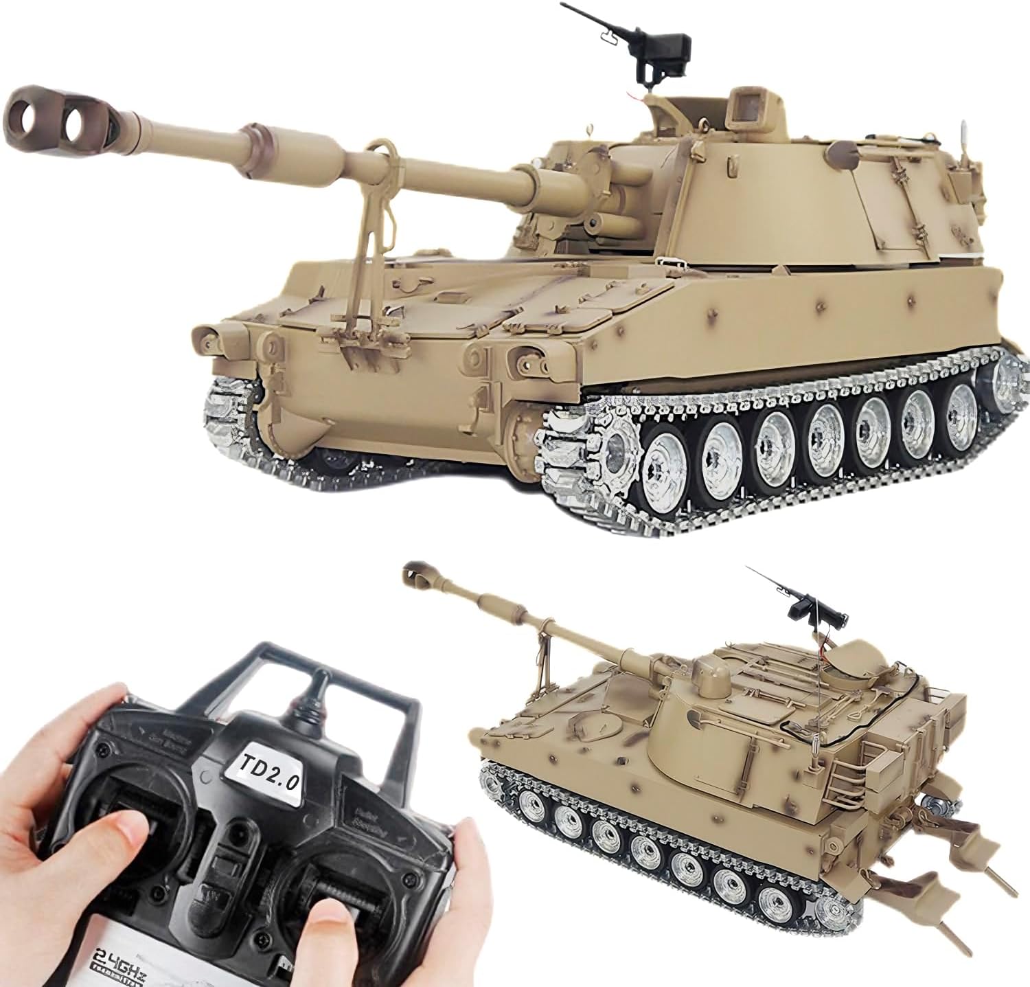 Large Remote Control M109A2 Self-propelled Howitzer RC Tank 1/16 War Military Vehicle Smoke Barrel Turning Cannon Lifting Shooting 50CM (Yellow Upgraded Metal Gearbox RC Tank)