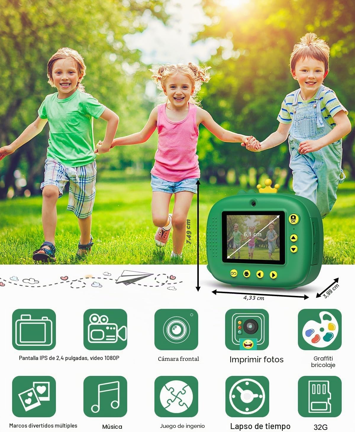 Hangrui Camara Fotos Infantil Instantanea, 2.4" HD 1080P Cámara Instantánea para Niños, Camara Instanea Infantil con Tarjeta de 32G,Papel de Impresión y Bolígrafos de Colores, Regalos Juguete