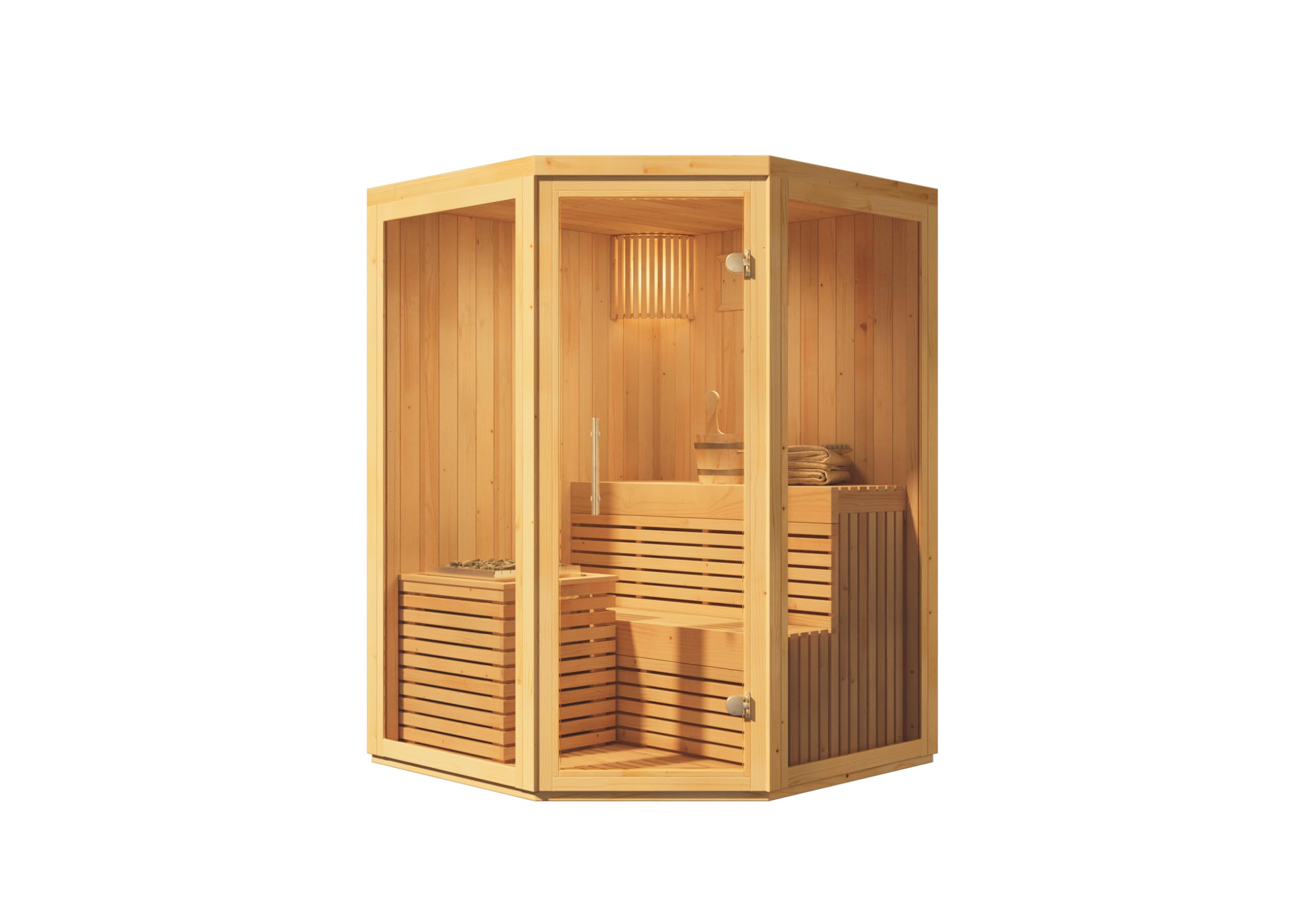 Innensauna Ylva, Ecksauna mit Glasfront für 2 Personen, Innenmaße: B 129 x T 129 x H 191 cm, Hochwertige Saunaliegen, Vorgefertigte Elemente