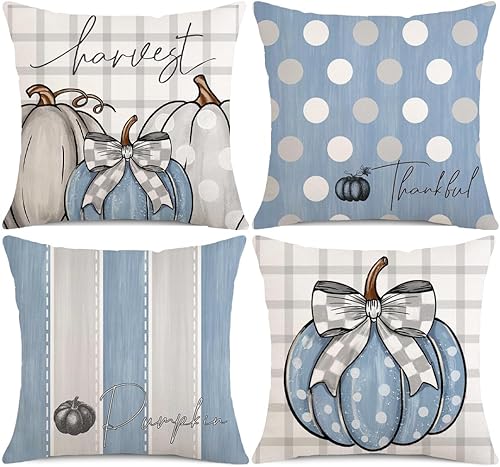 Fundas de almohada de otoño de 18 x 18 pulgadas, juego de 4 almohadas decorativas de otoño de Acción de Gracias, cosecha, agradecimiento, decoración