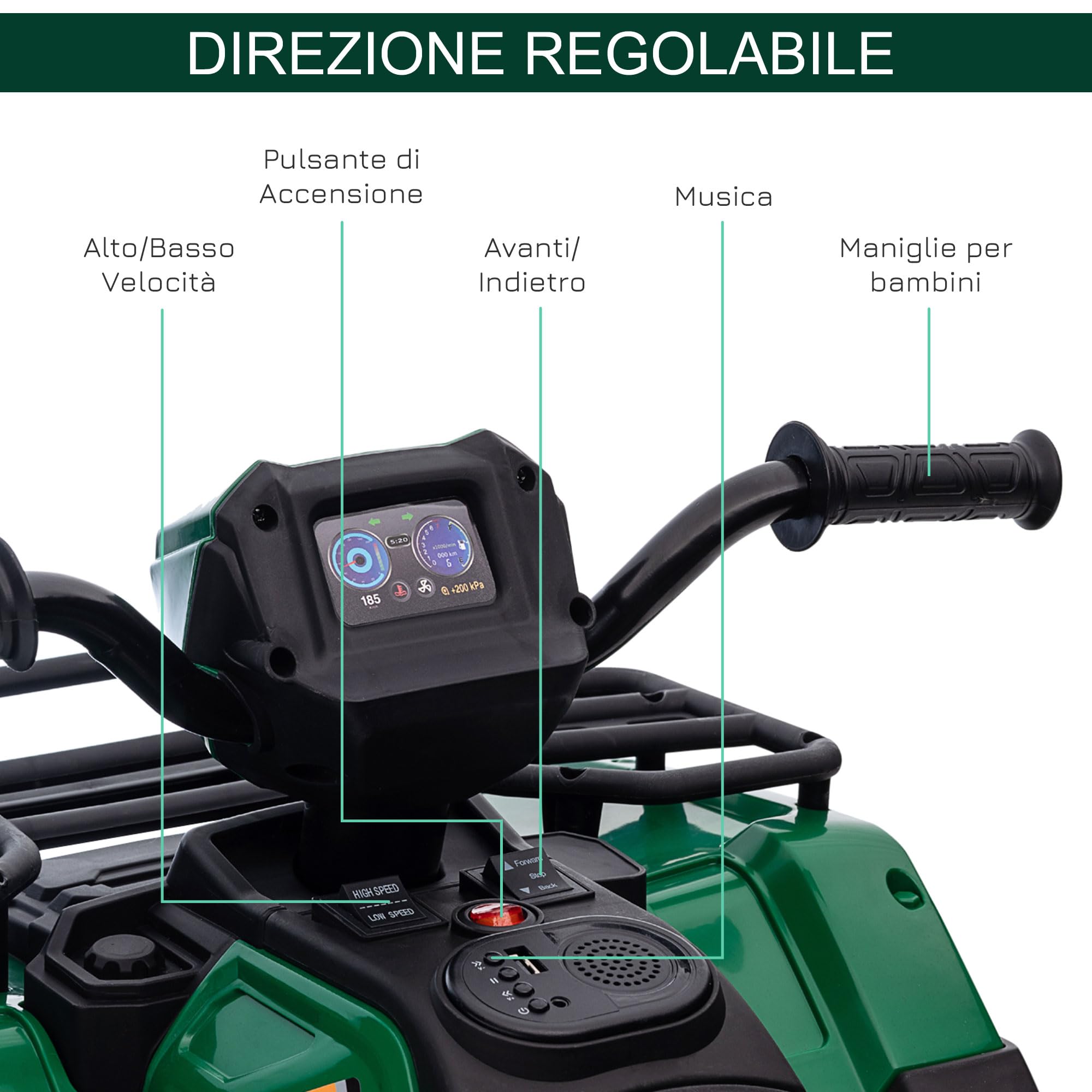 HOMCOM 12V Quad Elettrico per Bambini 3-5 Anni 88x45x50 cm Nero Verde