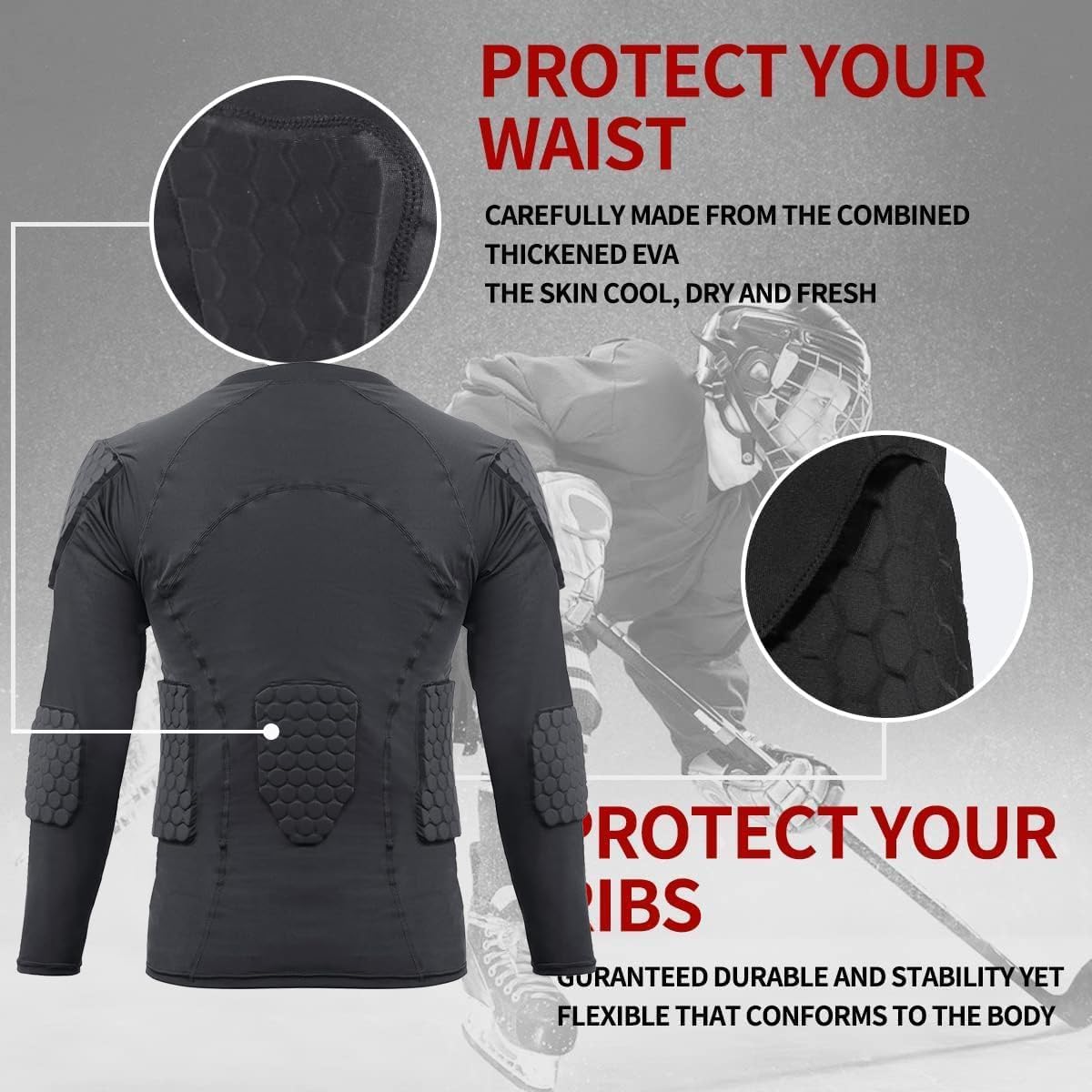 Mens Padded Compression Shirt Football Rib Protectors - Mens Long Sleeve Padded Football Shirt Protective Gear Chest Rib Protectors - Image 4