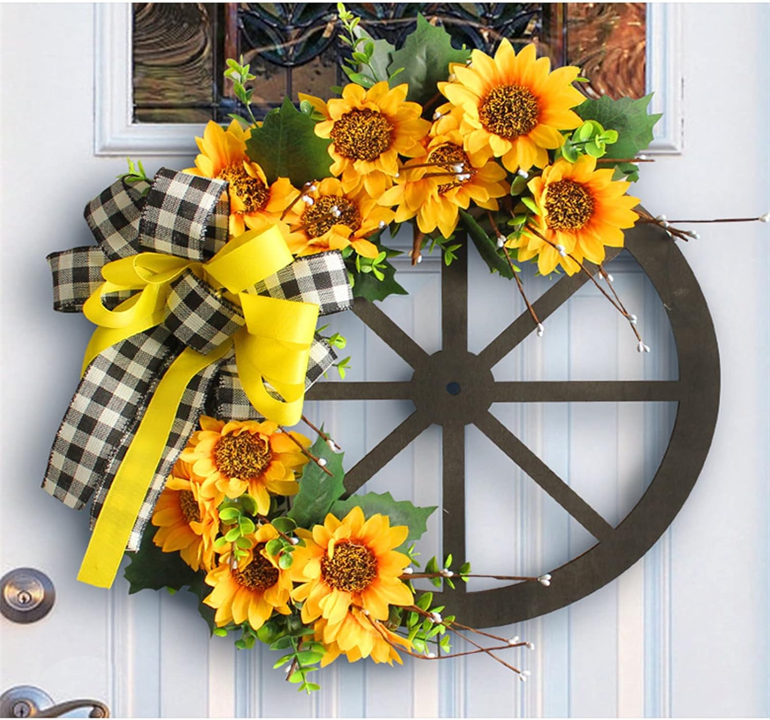 Sunflower Wreath Wagon Wheel Wreath 16 Inch Artificial Flower Summer Wreath with Double Handmade Bow Holiday Wall Home Porch Farmhouse Decor Outdoor Father's Day & Mother's Day Decorations