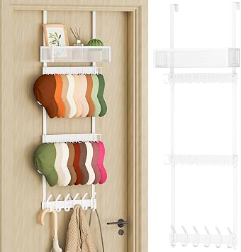 4 Tier Over Door Hat Organizer with Basket, Hat Holder Rack for Baseball Cap with 24 Hooks2-Tier 9-Hook & 1-Tier 6-Hook,Hat Hanger Storage Holds up to 24+ Caps for Door, Bedroom, Closet White