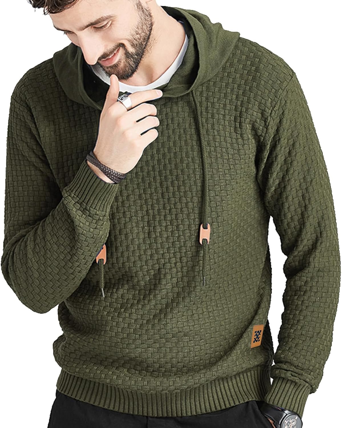 Zaitun Mens Hooded Sweatshirt Long Sleeve Solid Knitted Hoodie Pullover Sweater - Image 2