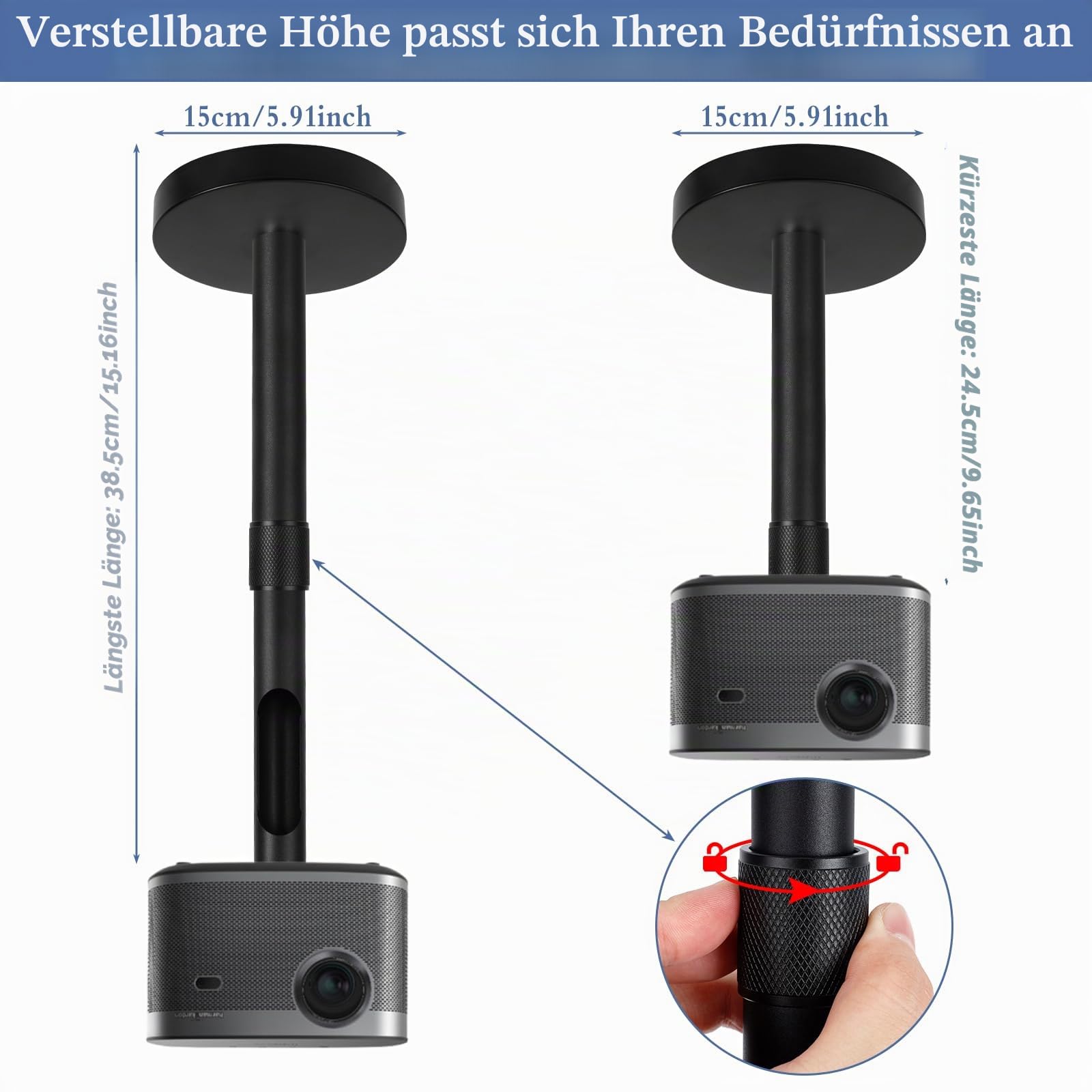 Dadabig Universal Deckenhalterung für Beamer Projektor-Wandhalterung Aluminiumlegierung 360° Schwenkbar bis 4Kg Deckenabstand 20-40cm Schwarze mit 5X Gewinde Universal Adapter