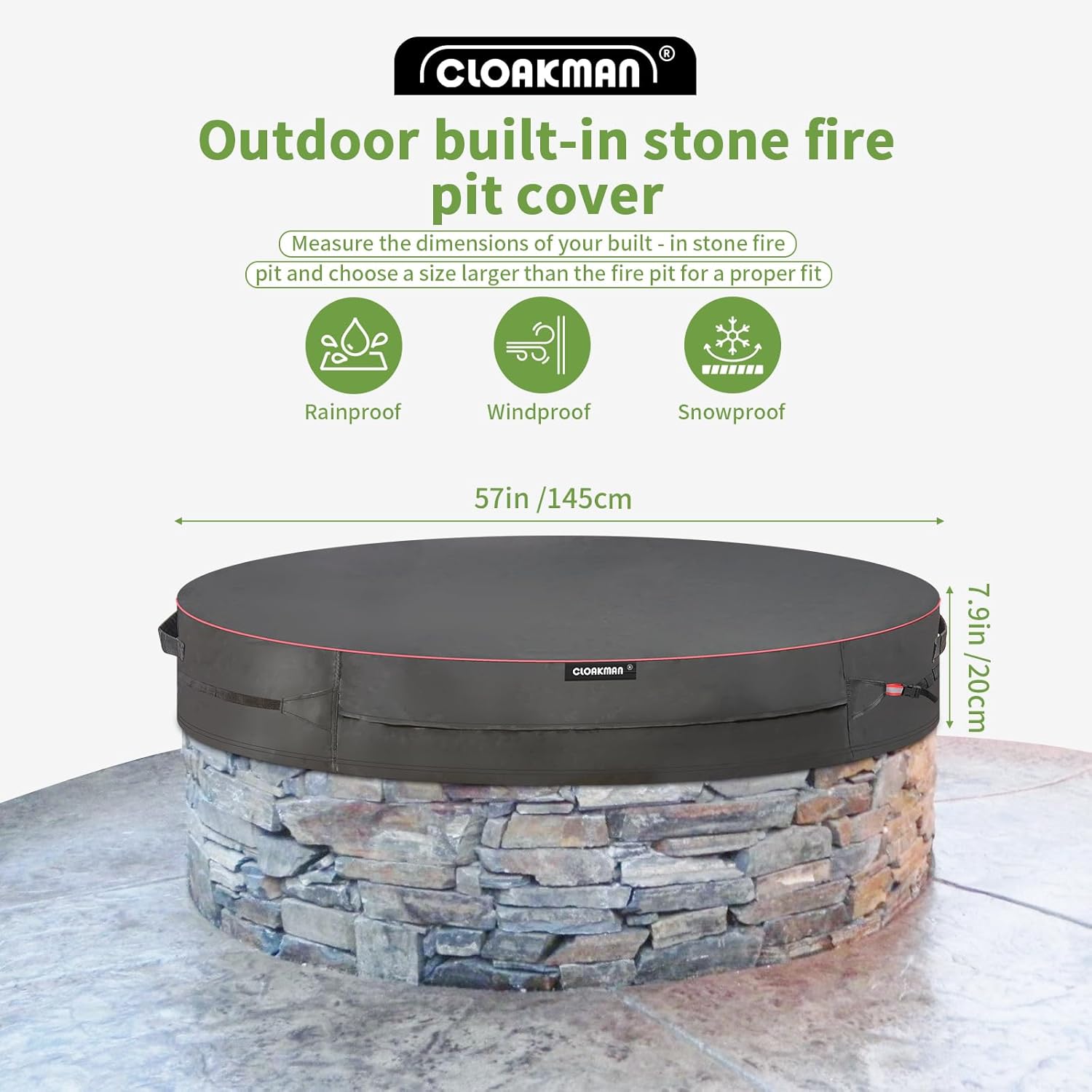 Premium Heavy-Duty Round 52-57 Inch for In Ground Fire Pit Cover - Waterproof 600D Large Firepit Covers, Outdoor Weatherproof Patio Built In Furniture Cover - Black