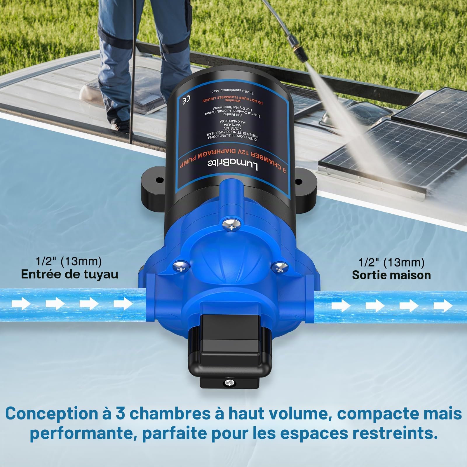 Pompe à eau 12V, Pompe à Membrane 3.0GPM 50PSI Pompe a eau Camping Car à eau auto-amorçante pour Camping-car, Yacht, Jardin