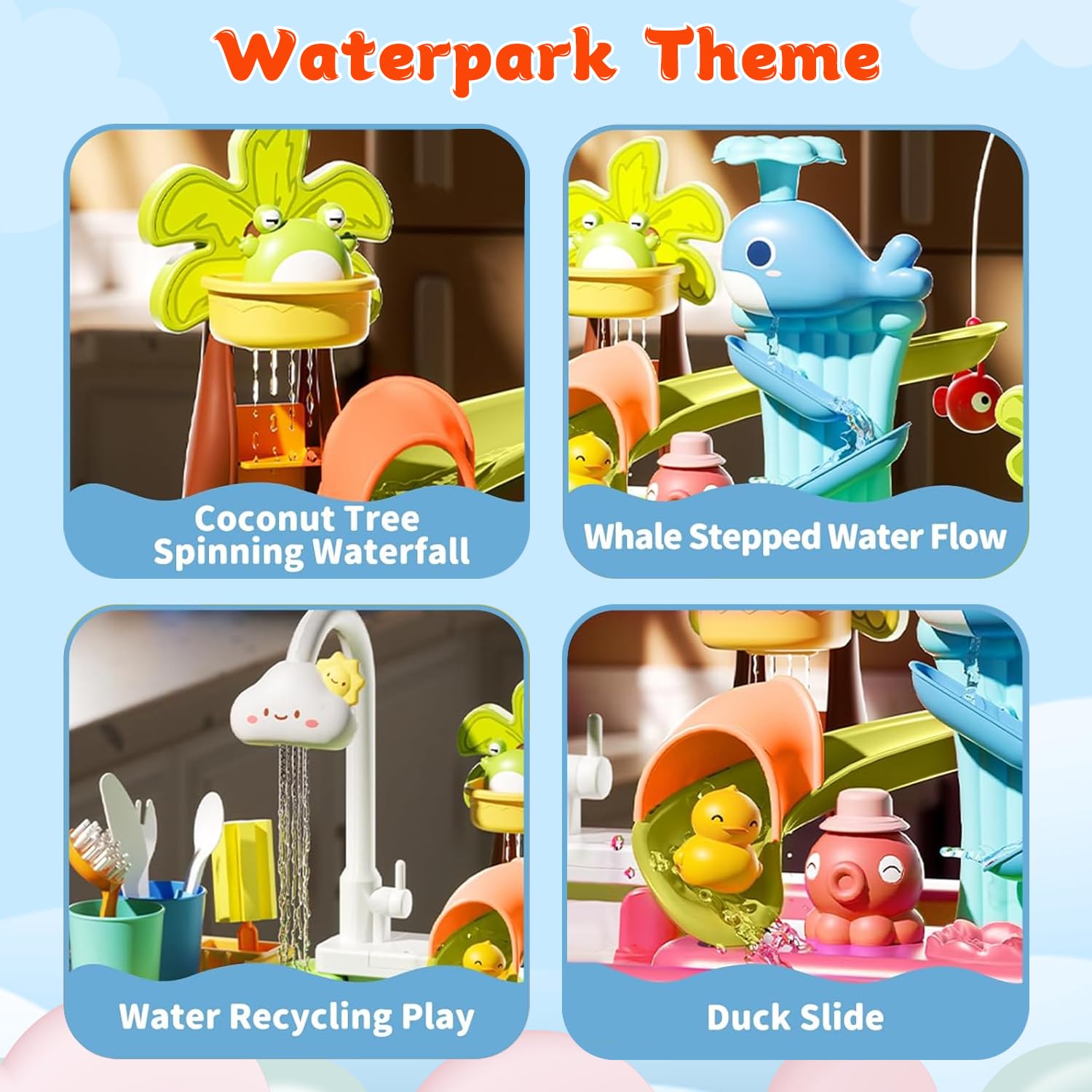 Upgraded Toddler Sand Water Table Toy with Electric Water Pump, Kids Sand Water with Faucet/Play Food Accessories/Fishing Toy, Kitchen Play Sink Toys for Girl Boy Age 3+ (Pink)