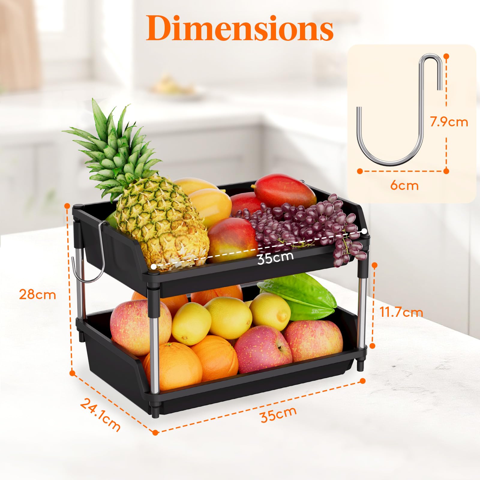 Lifewit Corbeille a Fruit, Panier Fruits avec Deux Crochets Détachables, Panier Legumes Rangement Cuisine avec Support en Métal, Plastique Rangement Pomme de Terre, 28cm(H), Noir, 2 Niveaux