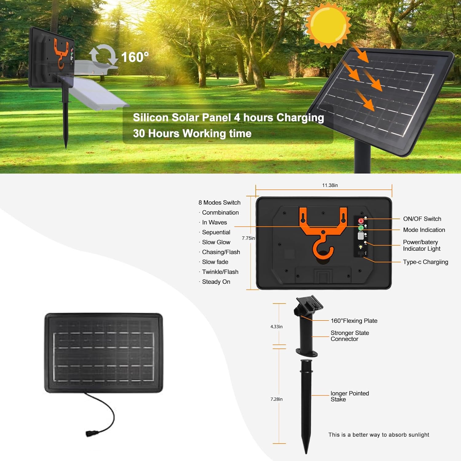 Solarpanel, 24V, 6W, 7200mAh Akku, 8 Beleuchtungsmodi, 160° Verstellbar（ohne Fernbedienung） (24V-7200MAH)