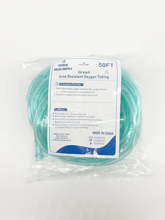 Crush-Resistant Oxygen Tubing, 50ft - Green, Suitable for Major Oxygen Therapy Brands - 5 Pack