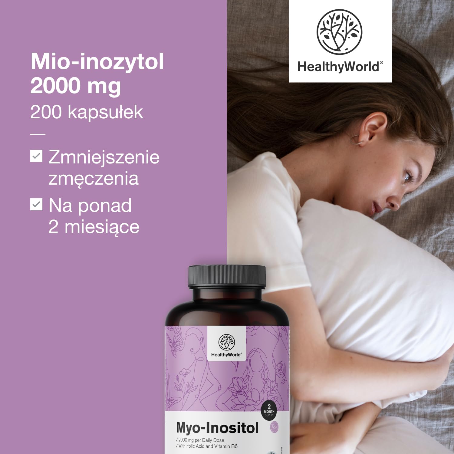 HealthyWorld Mio-Inozytol 2000 mg – 200 Kapsułek Roślinnych – Dla Kobiet – Kwas Foliowy, Witaminy B6 i B8 – Wsparcie Hormonów i Nastroju – Bez Alergenów – 2-Miesięczny Zapas