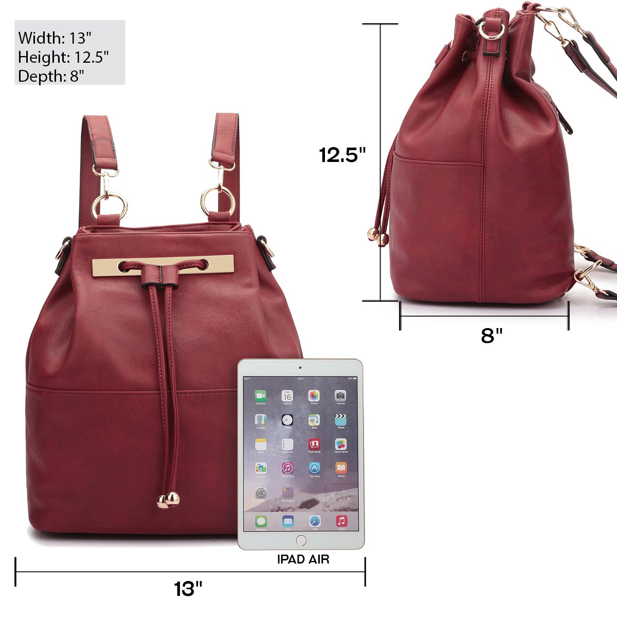 dasein fashion leather convertible drawstring bucket bag and backpack Dooney & Bourke Women's Pebble Grain Small in Wine, Body Theres A Shoulder Strap Inside Dasein Fashion Leather Convertible Drawstring