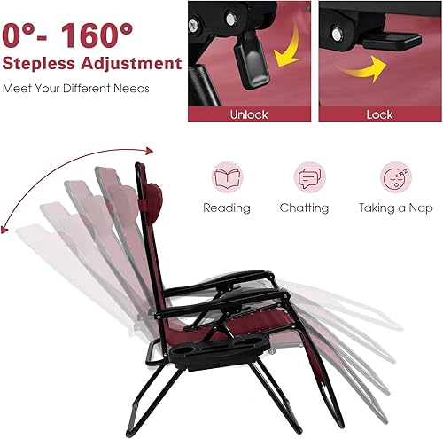 Miniatura 4 de Goplus Sillas de salón Zero Gravity, reclinables plegables ajustables en 160 con almohada y soporte para tazas, cómodas sillas de descanso de 350