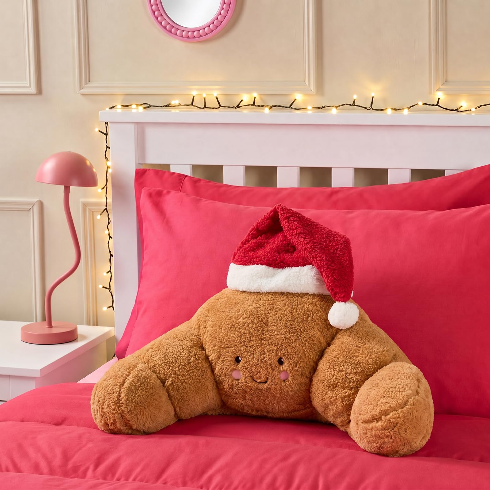 OHS Santa Croissant Cuddle Cushion, Teddy Fleece Back Cushion - Brown