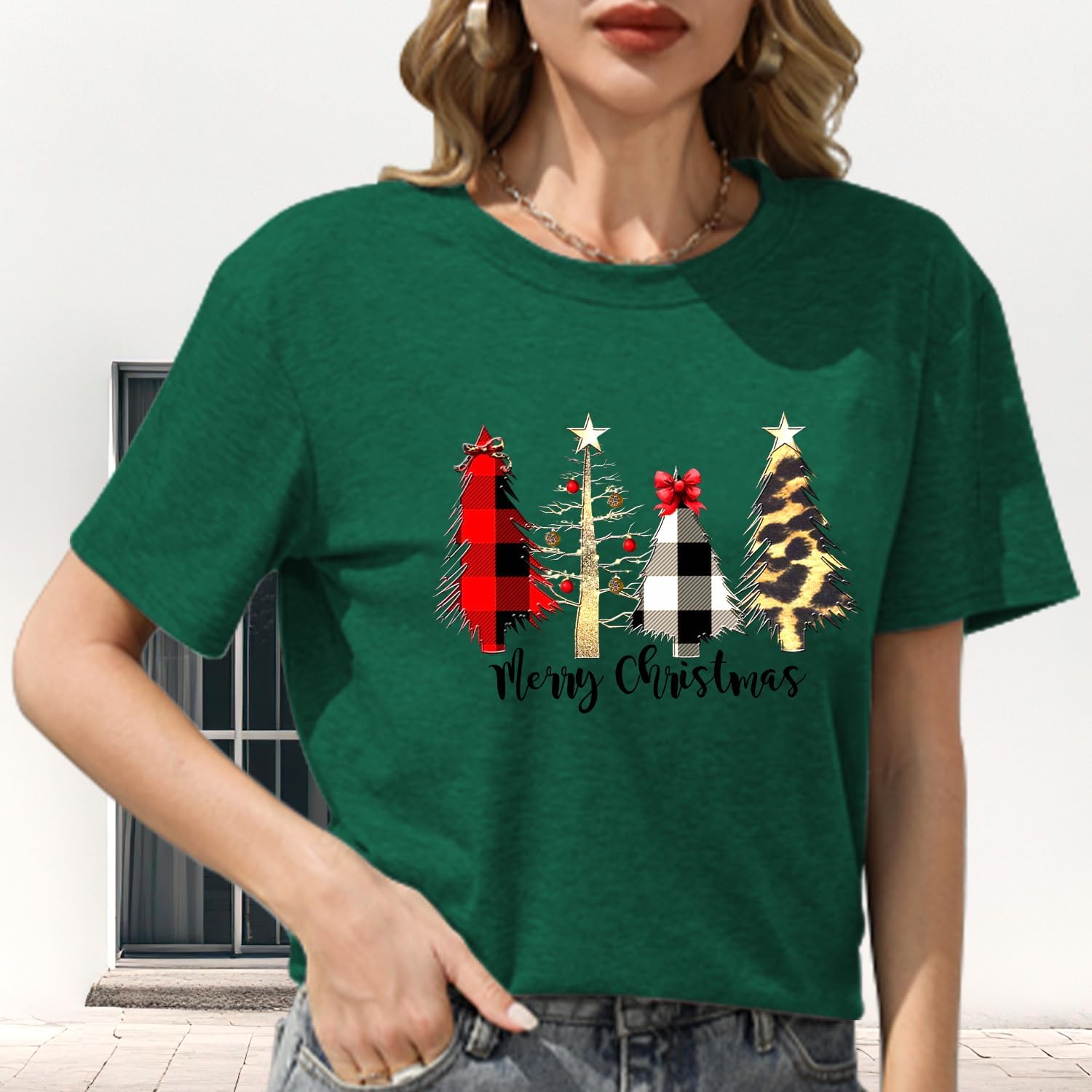 Christmas Shirts for Women Merry Funny Leopard Christmas Tree Tee Tops Holiday Tshirts - Image 3