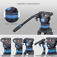 Vista 6 de SIRUI SH-15 Trípode de video de aluminio con cabezal de fluido de 360°, kit de trípode profesional resistente de 61 ″ para cámaras DSLR, carga