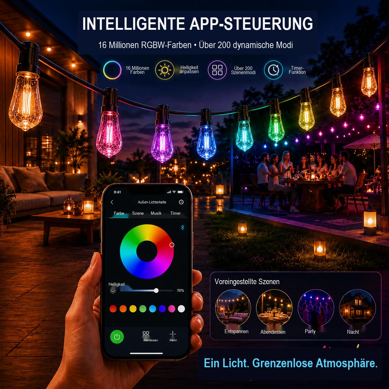 Guirlande lumineuse d'extérieur de 15 m avec contrôle par application, RVBB Smart LED à intensité variable, étanche IPX66, incassable, 24 V, basse tension, sélection de couleurs segmentée pour jardin