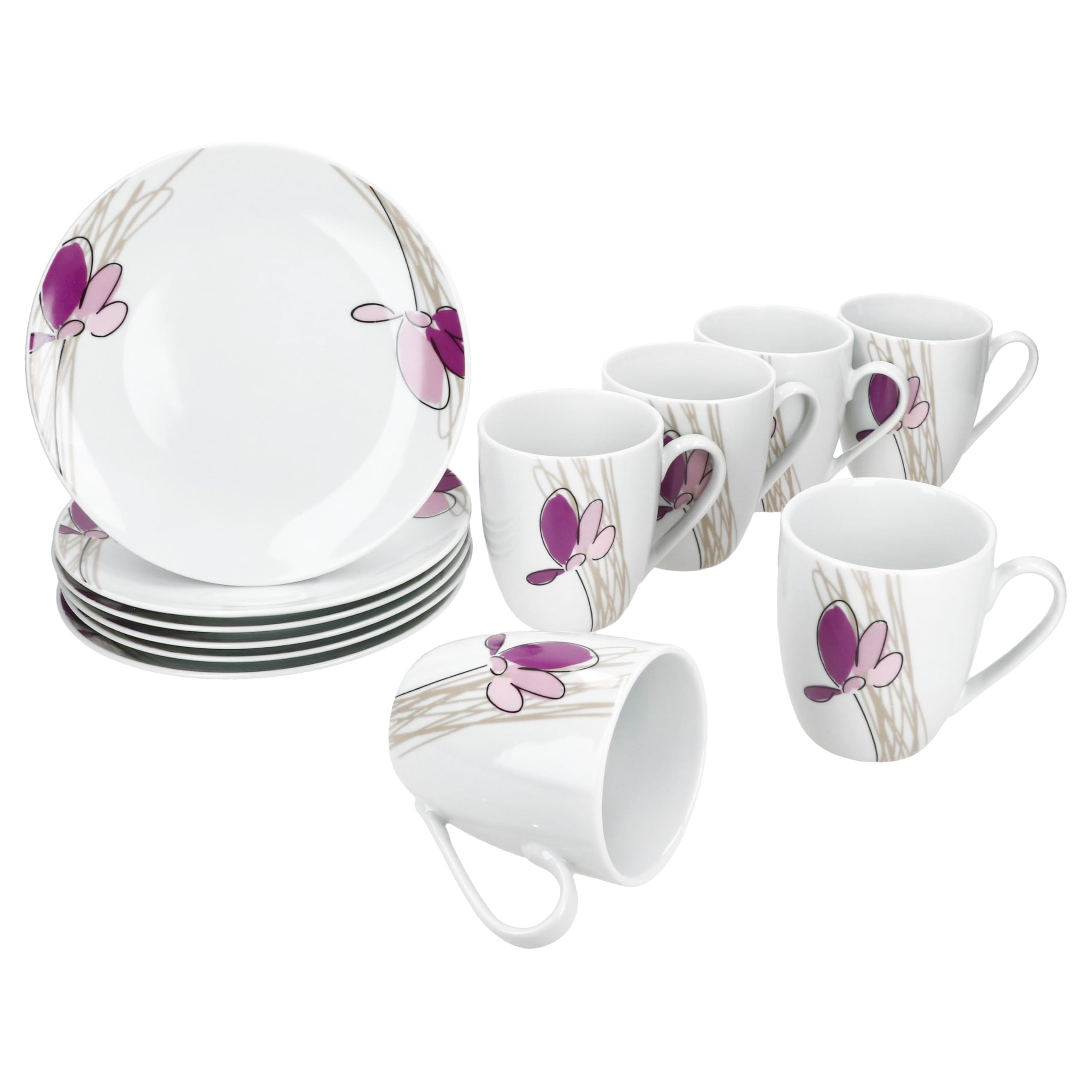MamboCat Viola 12tlg Frühstücksset I 6x Kuchenteller & 6x Kaffeebecher 350 ml aus Porzellan I Weiß mit Blumen-Dekor in Violett I für 6 Personen I für Frühstück & Kaffee