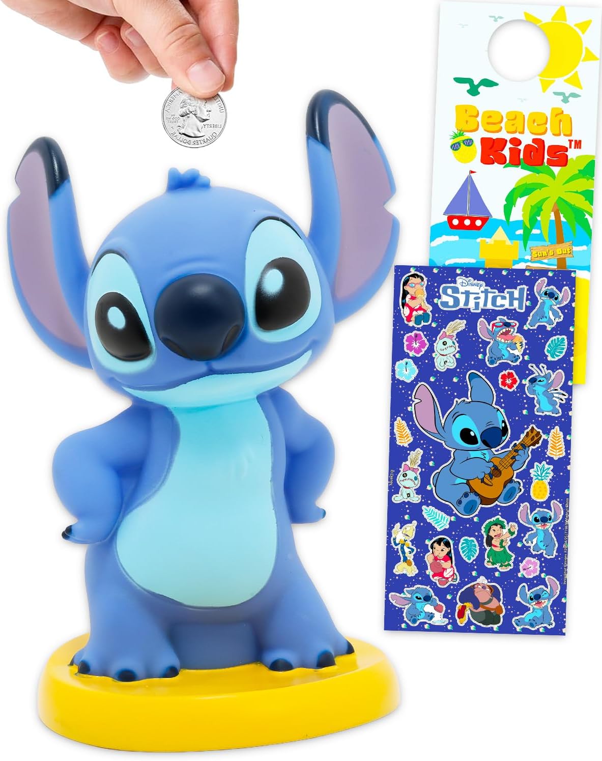 Stitch Piggy Bank Set - Bundle with 8" Disney Coin Saving Money Currency Banknote Jar Plus Stickers, More | Lilo and Stitch Money Bank for Kids, Girls, Boys