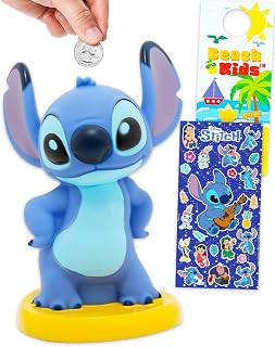 Stitch Piggy Bank Set - Bundle with 8" Disney Coin Saving Money Currency Banknote Jar Plus Stickers, More | Lilo and Stitch Money Bank for Kids, Girls, Boys
