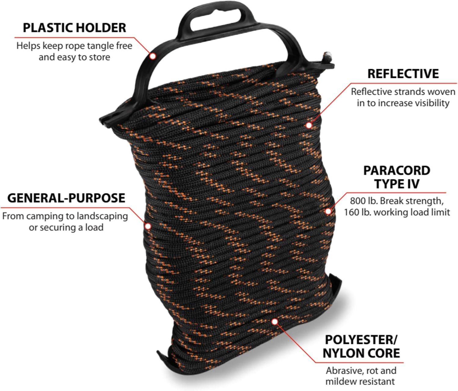 Performance Tool W1996 100' Reflective Rope Type-IV, 800 lb. Break Strength, 160 Lb. Working Load, Polyester/Nylon Core, Black/Orange