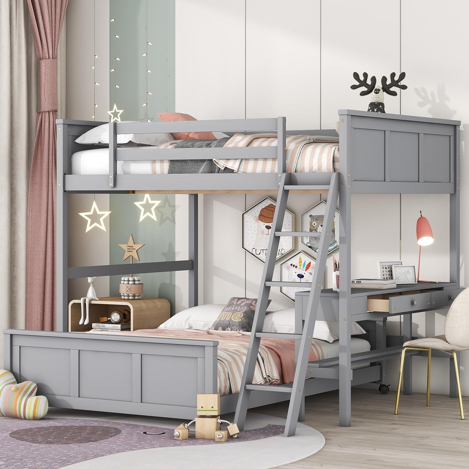 Bellemave Full Over Full Bunk Bed with Desk and Storage Drawers, Solid Wood Loft Bunk Bed Frame for Kids Teens Adults (Gray)