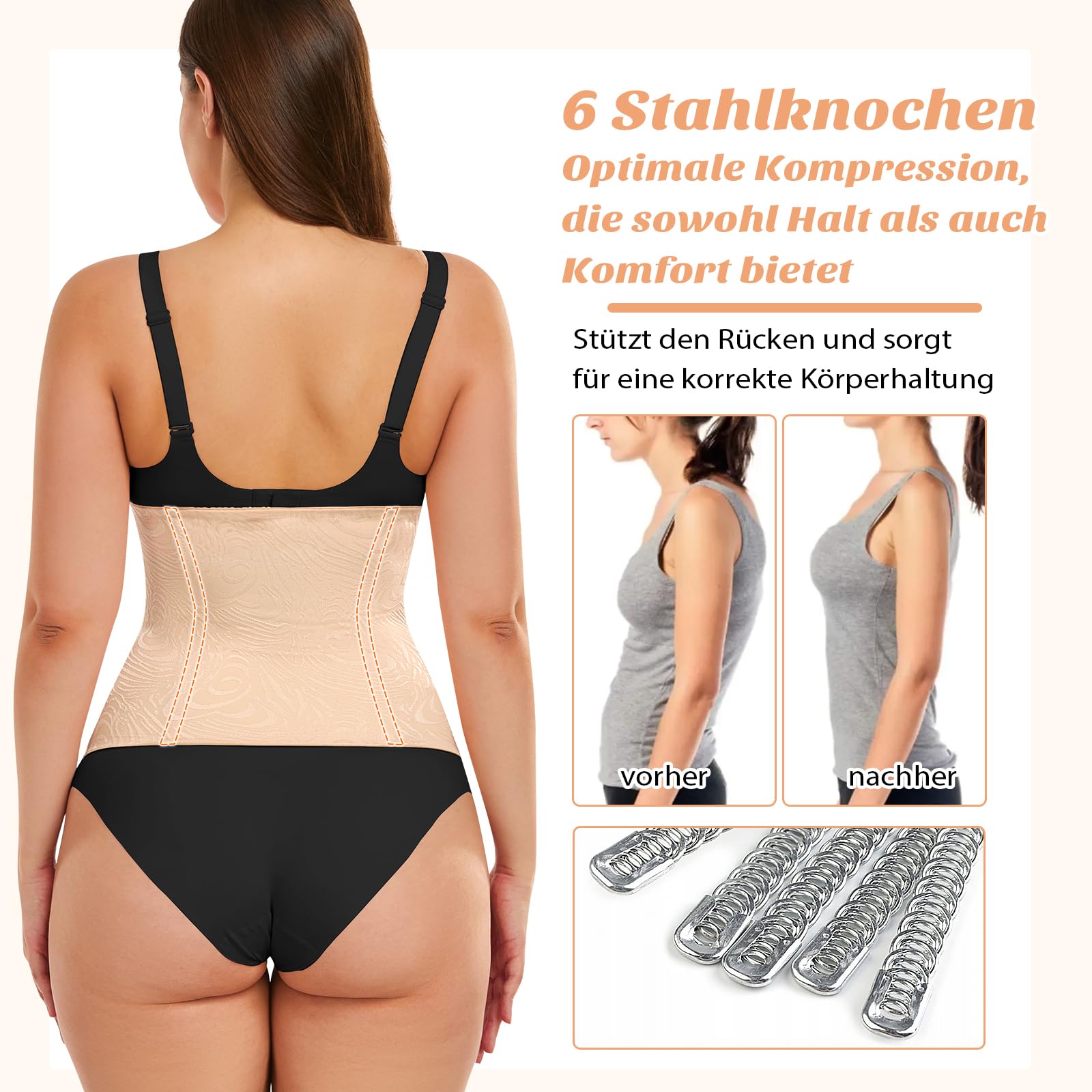 Corset gainant pour femme avec 3 rangées de crochets et 7 os en acier