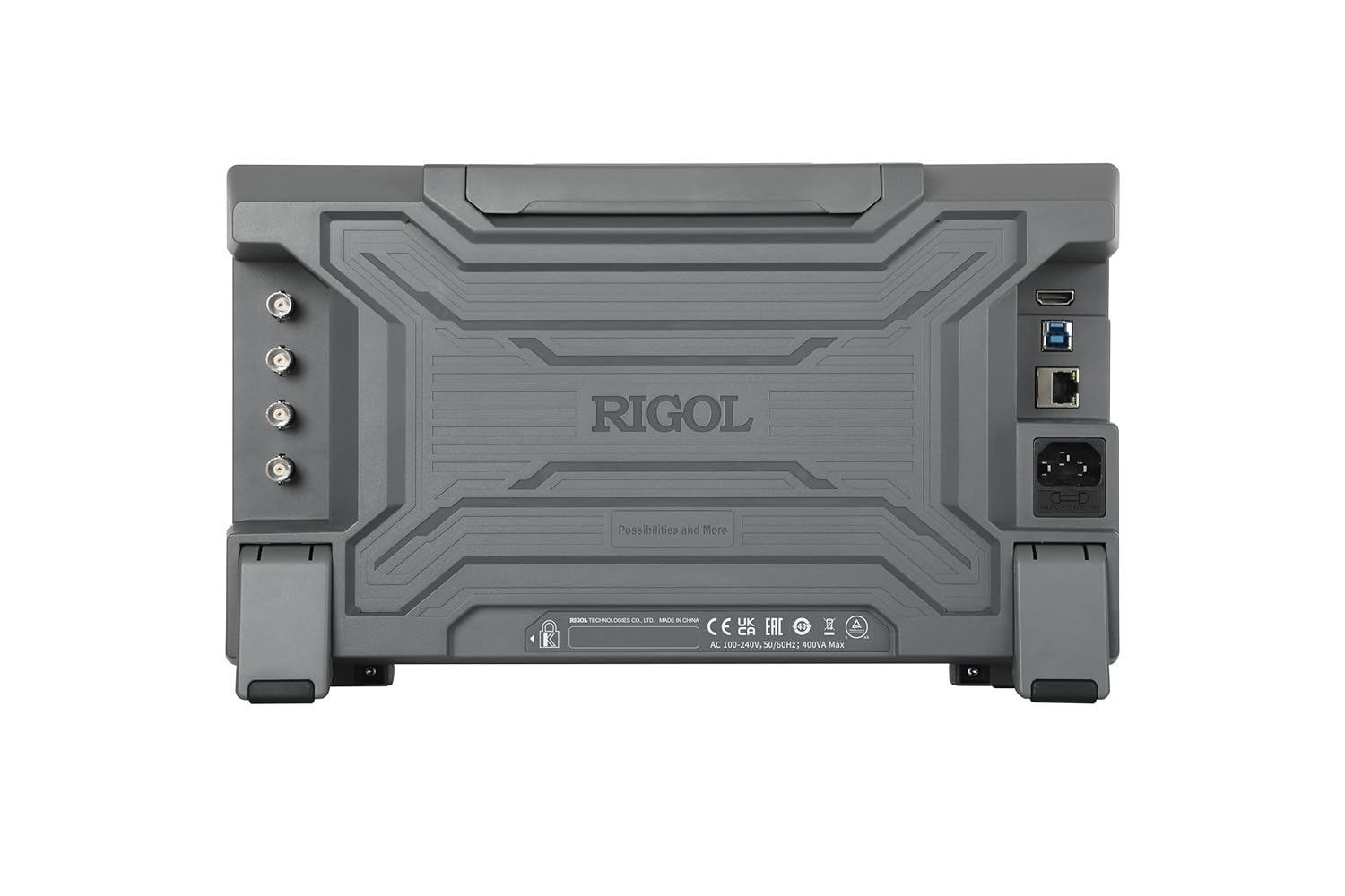 Арткы view of the RIGOL DHO1204 Digital Oscilloscope, showing power input, LAN, USB, and HDMI ports.