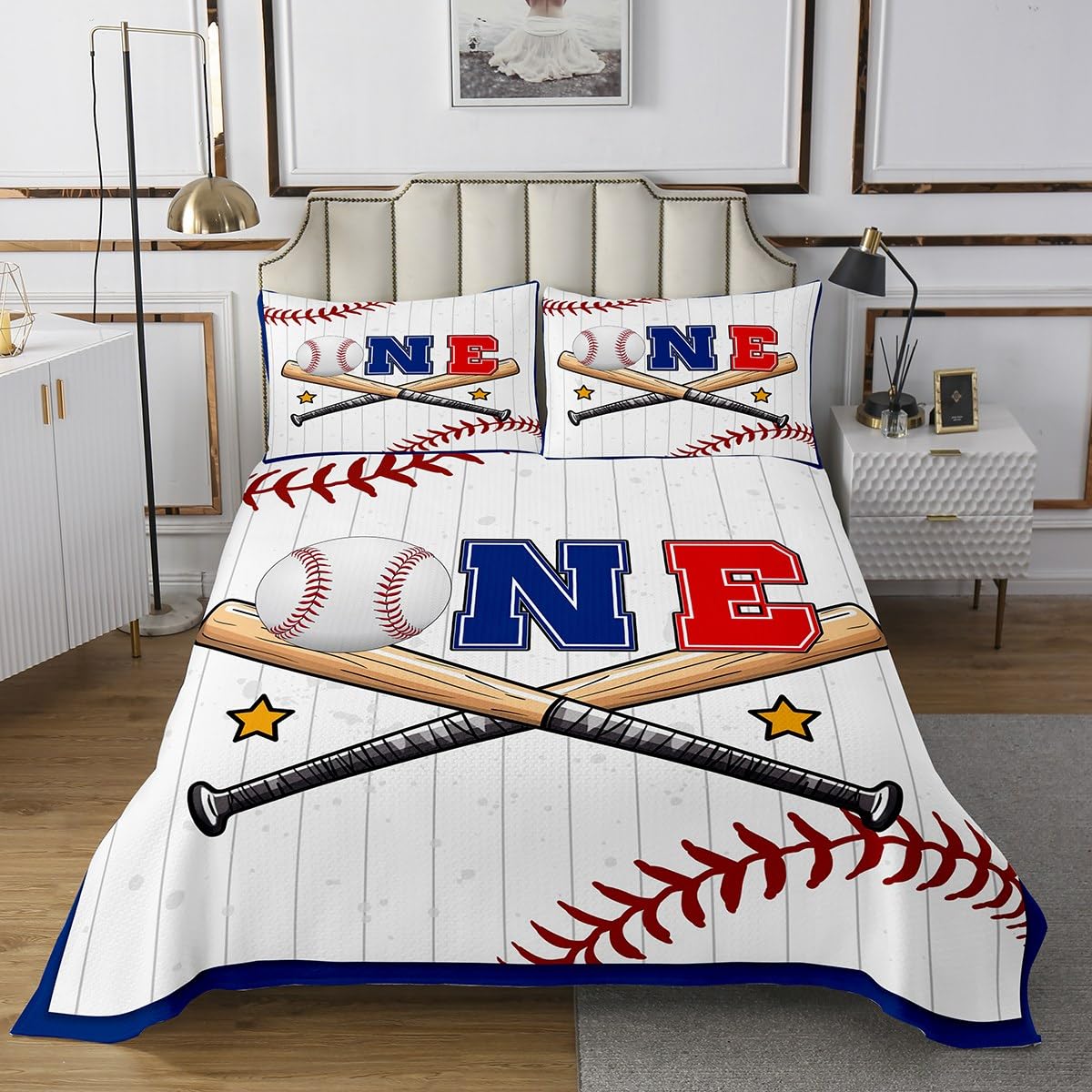 Erosebridal Baseball Coverlet Set King Size Softball Game Bedspread Cartoon Sports Stars Quilted Coverlet for Teens Boys Geometric Stripe Blue Red Quilted Coverlet