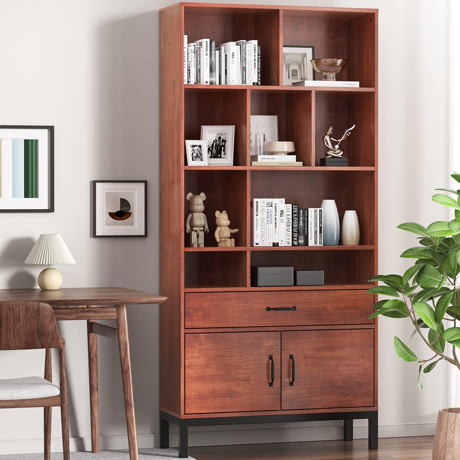 Book shelf and Bookcase with Doors, Noelse 4-Tier and 1 Drawer bookshelf Brown, 67inch in Tall Bookshelf with Dule Doors Storage Cabinet, Wood-Look Open Shelf Storage Rack for Home Office, living room
