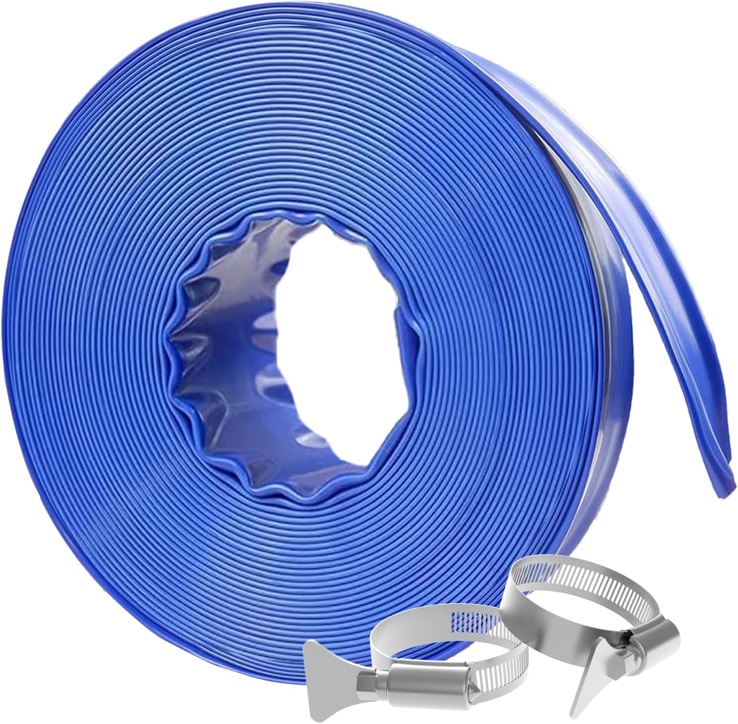 Poolvio Backwash Hose 1-1/2" x 50 ft, Blue Lay-Flat PVC Discharge Hose with 2 Stainless Steel Thumb Screw Clamps, Leak-Free for Swimming Pool Filter Cleaning, Flooded Area, Pond Draining